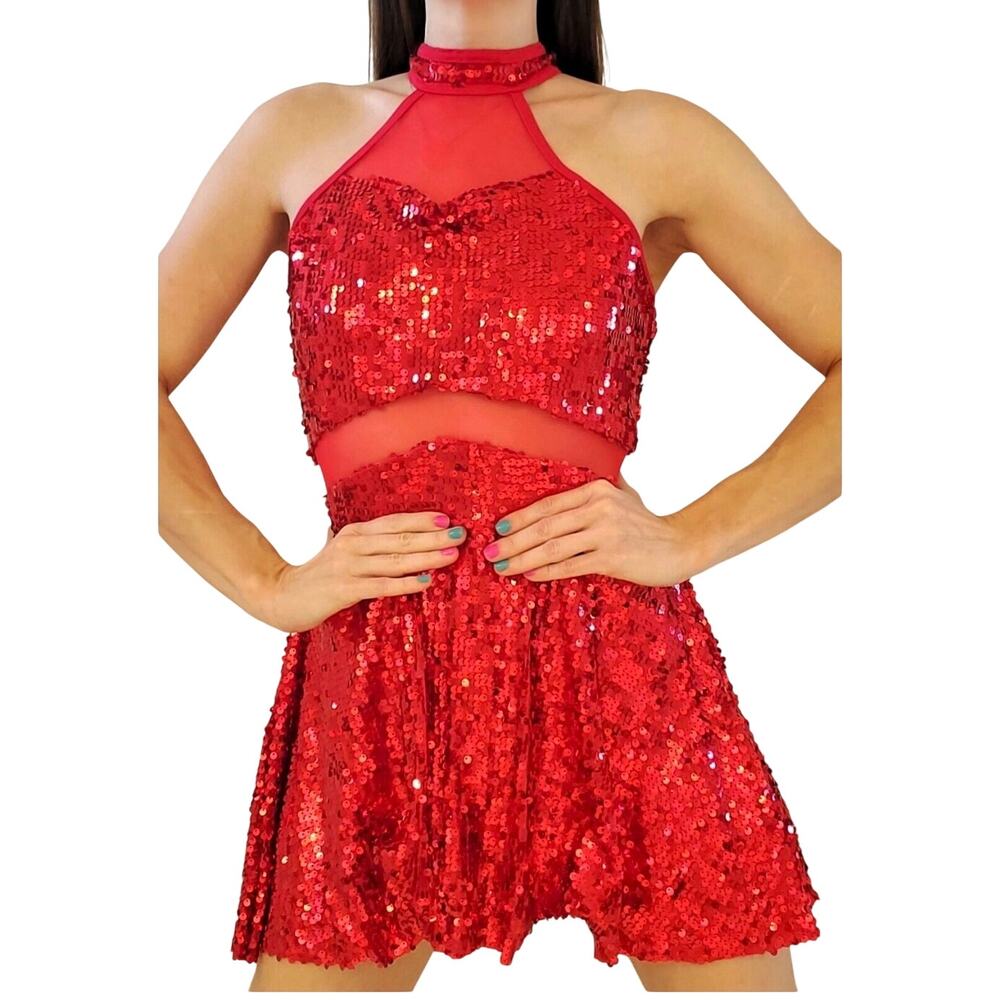 Double Platinum Red Sequin Lace Dance Dress - Open Back - Size XL